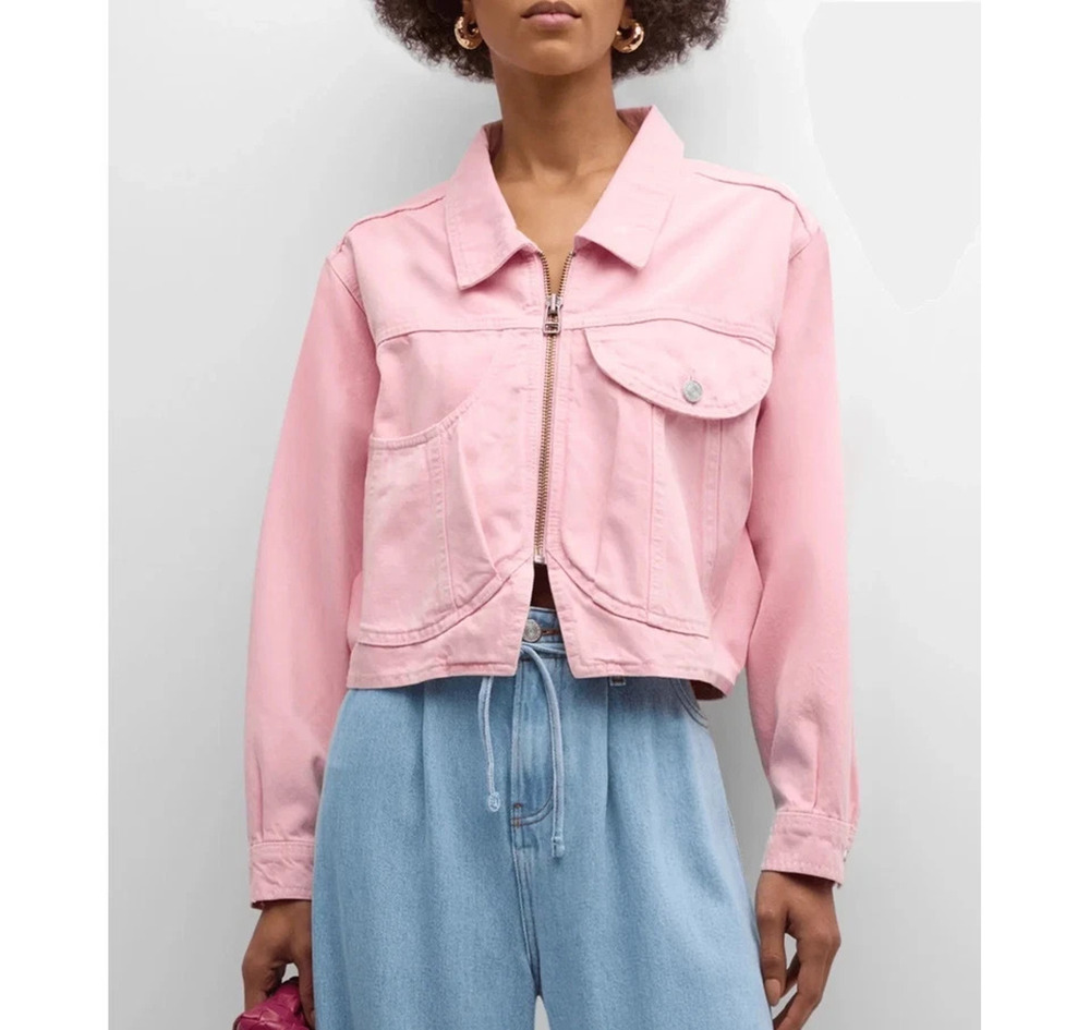 FRAME Women size XS Dusty Pink Heart Denim Jacket Zip Up Cropped Oversized